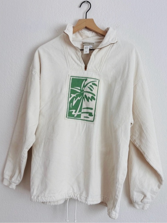 Coldwater Creek Tops - Coldwater Creek Cream Half-Zip Sweatshirt with Palm Tree Graphic